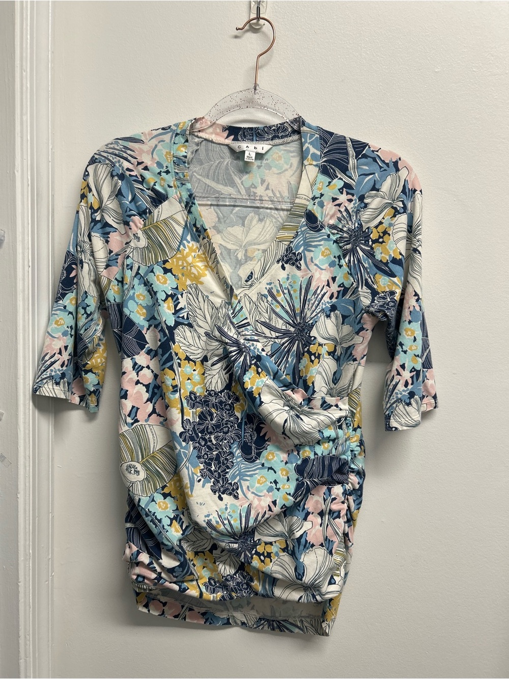 CAbi Floral Wrap-Style V-Neck Top - Blue, Pink, Yellow, White